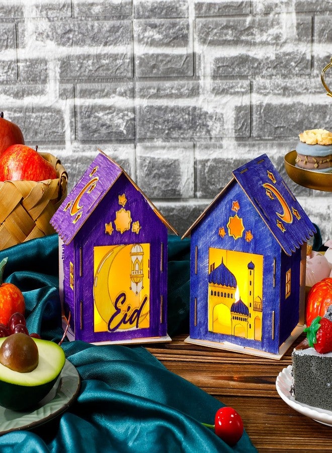 Lineshading 9 Pcs Eid Mubarak Wooden House with 12 Watercolor Pens and 9 LED Flameless Tealight Candles DIY Luminous Graffiti Crafts Ramadan Decorations Wooden Eid Houses for Kids Paint Party Supplies - Image 5
